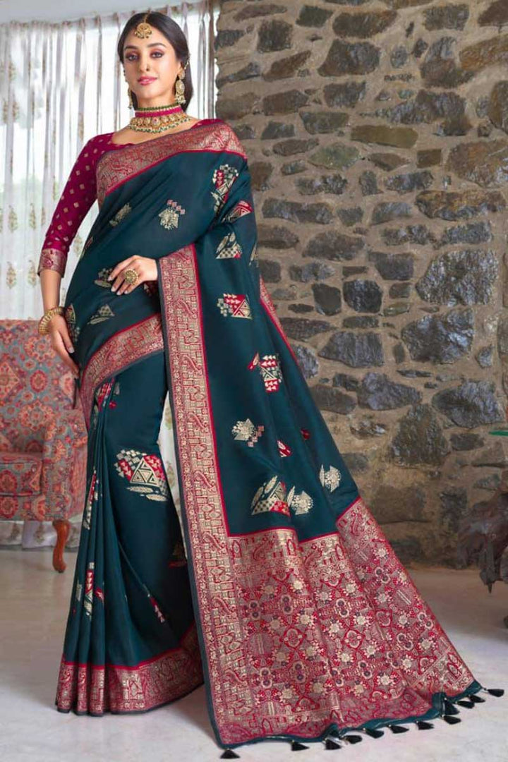 Festive Look Art Silk Fabric Teal Color Intricate Saree