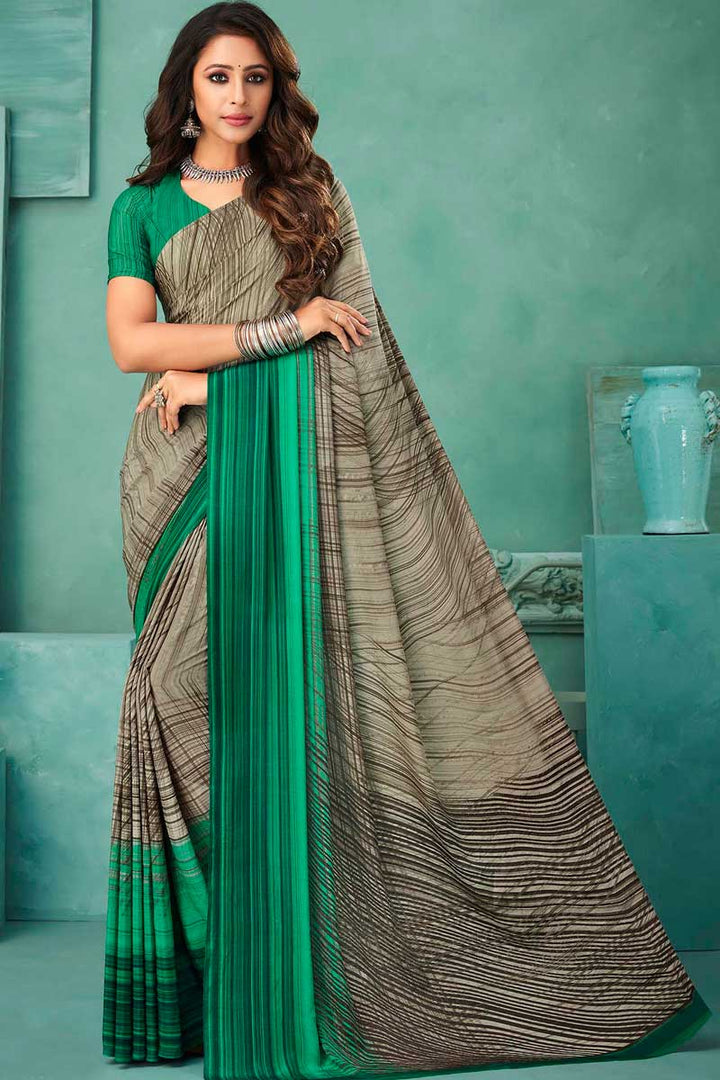 Beige Color Casual Wear Tempting Crepe Fabric Printed Saree