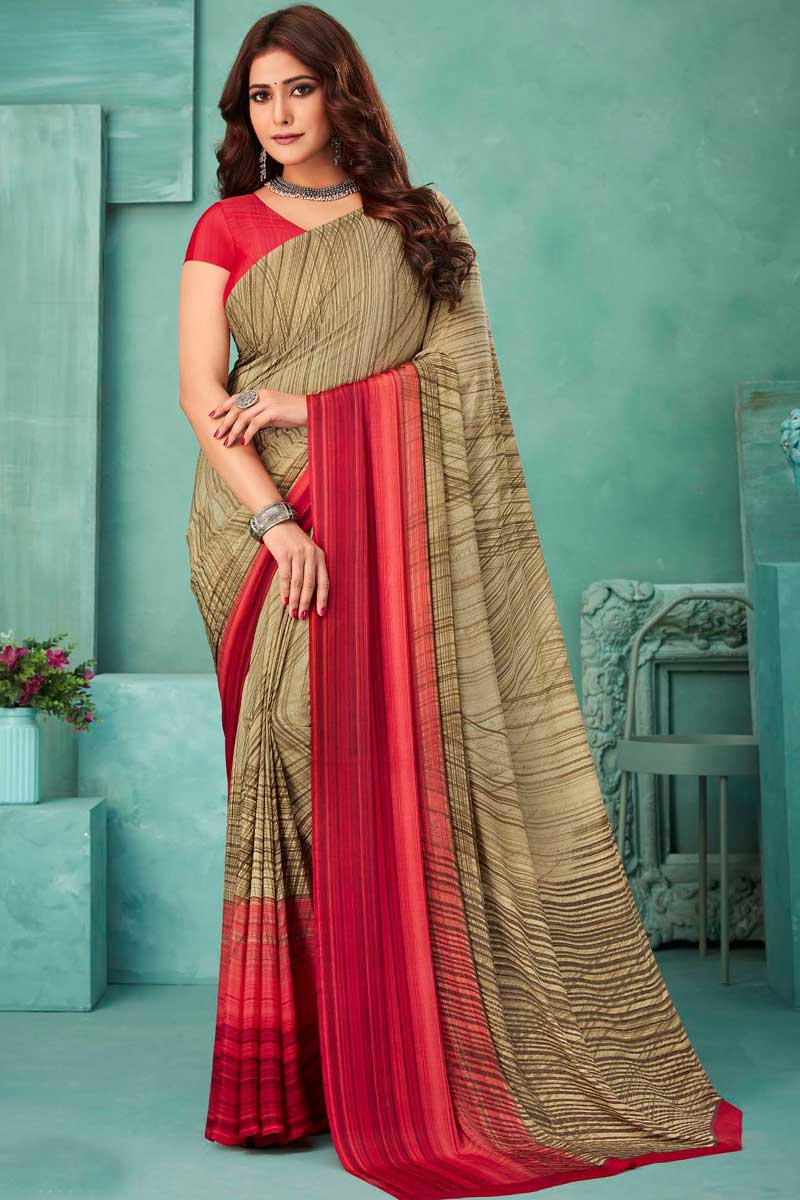 Casual Wear Beige Color Ravishing Printed Crepe Fabric Saree
