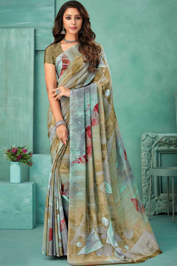 Attractive Multi Color Casual Wear Crepe Fabric Printed Saree