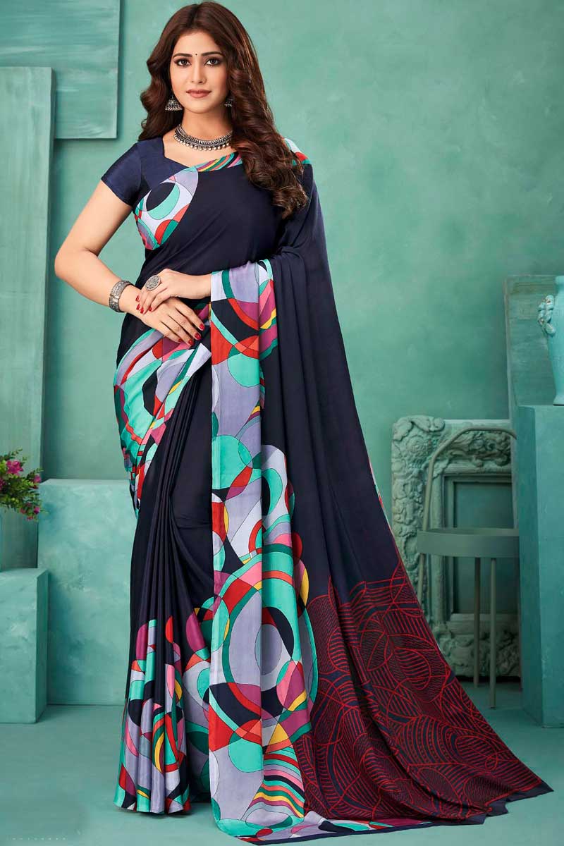 Navy Blue Color Casual Wear Vintage Crepe Fabric Embroidery Saree | Buy Online India