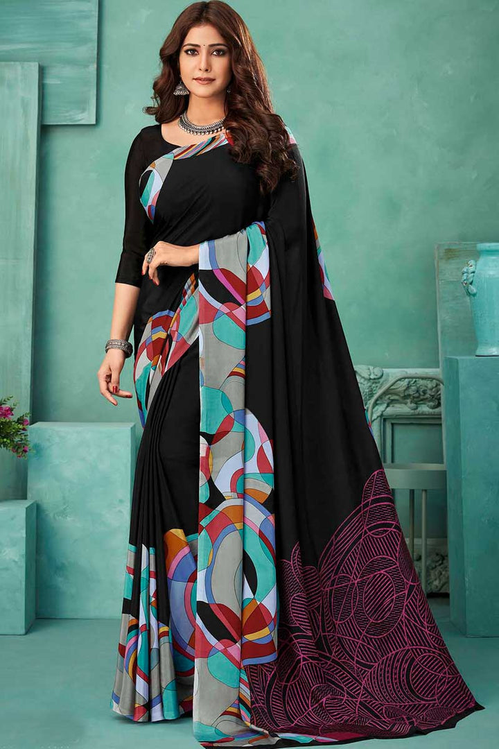 Black Color Casual Wear Appealing Crepe Fabric Printed Saree