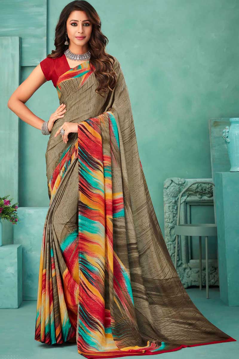 Cream Color Fantastic Casual Wear Crepe Fabric Printed Saree