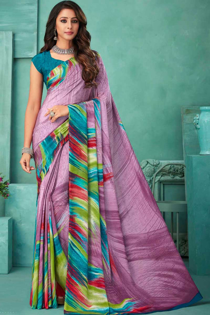 Lavender Color Casual Wear Spectacular Crepe Fabric Printed Saree