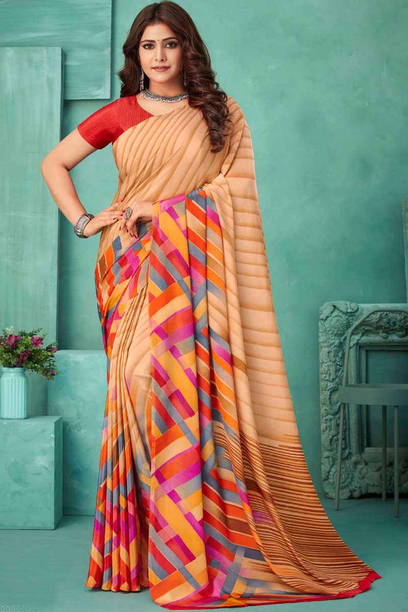 Casual Wear Beatific Crepe Fabric Printed Peach Color Saree