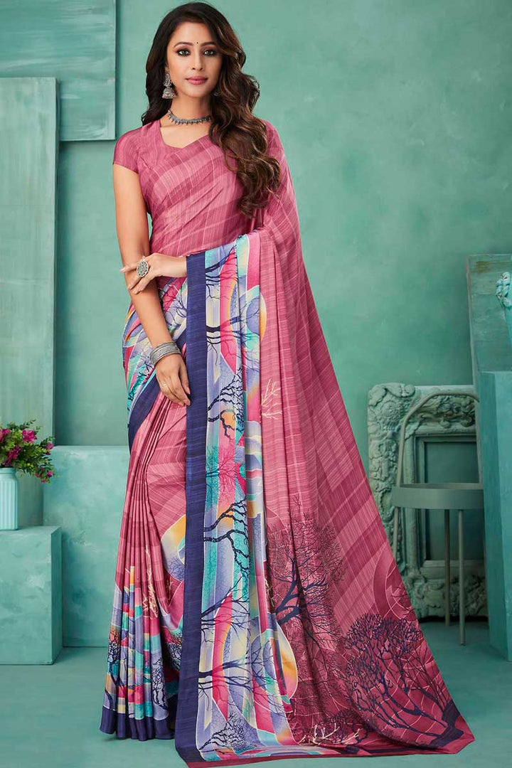 Casual Wear Pink Color Sober Crepe Fabric Printed Saree