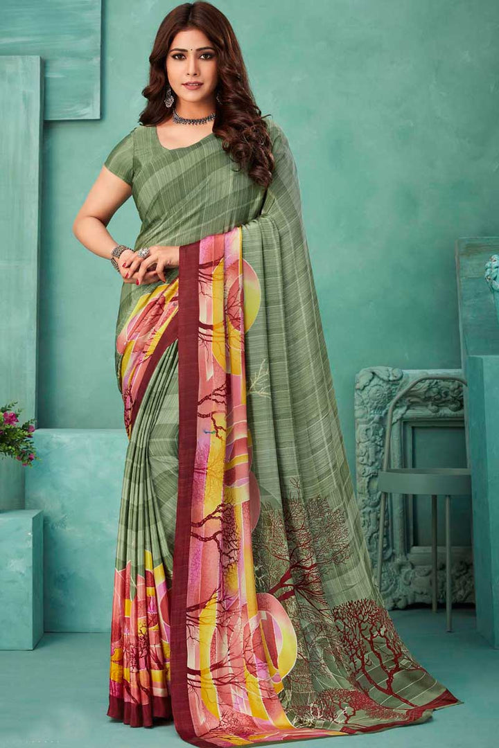 Trendy Olive Color Casual Wear Crepe Fabric Printed Saree