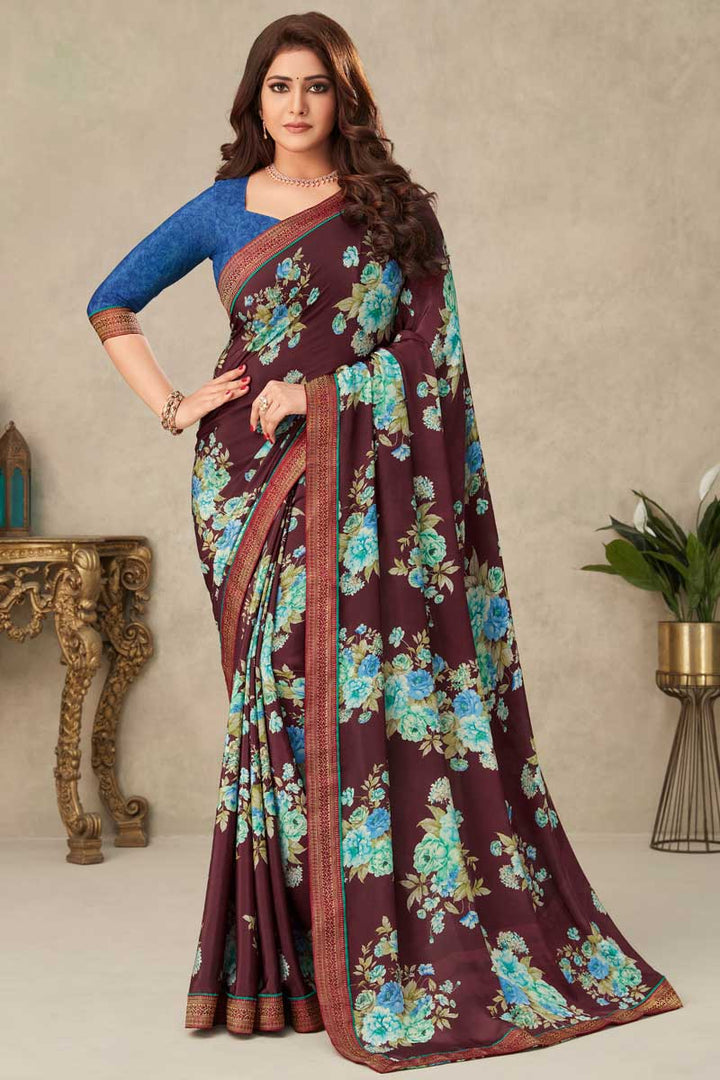 Attractive Look Crepe Fabric Brown Color Floral Printed Saree