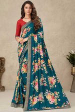 Load image into Gallery viewer, Crepe Fabric Teal Color Stunning Floral Printed Saree
