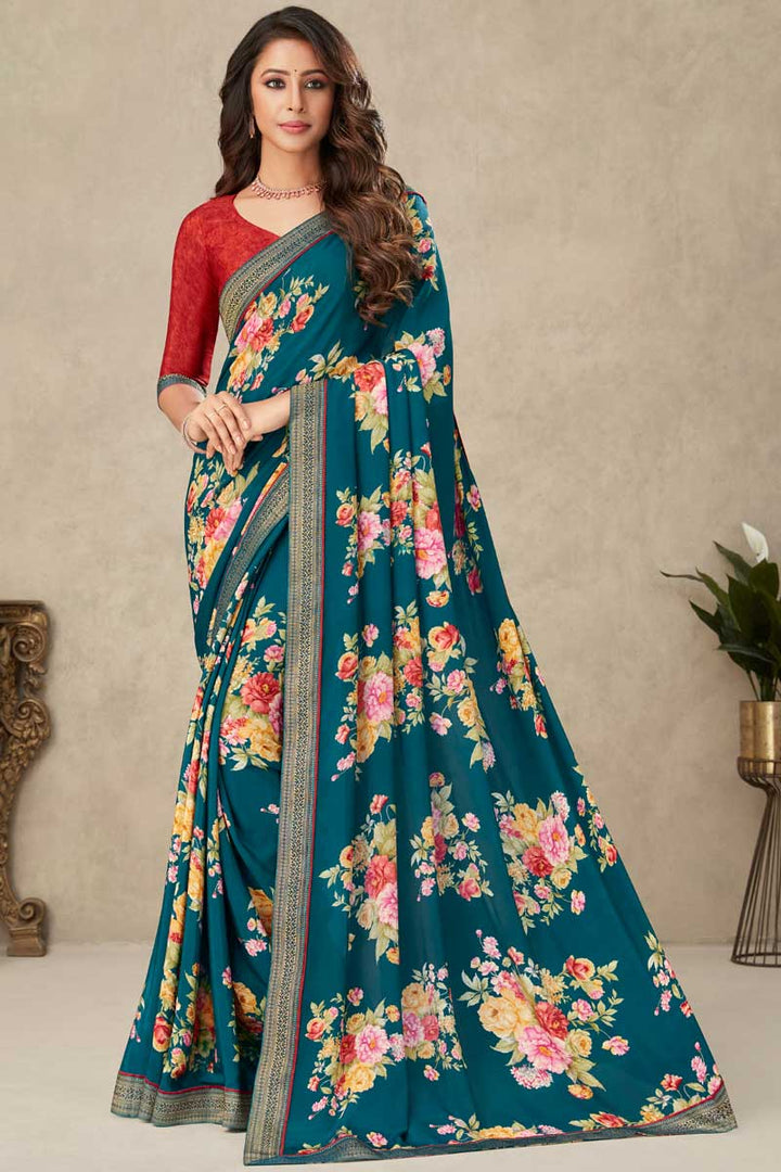 Crepe Fabric Teal Color Stunning Floral Printed Saree