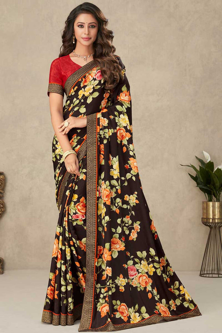 Ingenious Crepe Fabric Black Color Floral Printed Saree