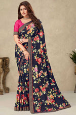 Load image into Gallery viewer, Crepe Fabric Navy Blue Color Beautiful Look Floral Printed Saree
