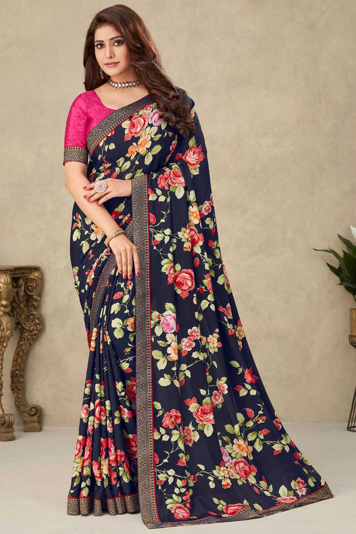 Crepe Fabric Navy Blue Color Beautiful Look Floral Printed Saree