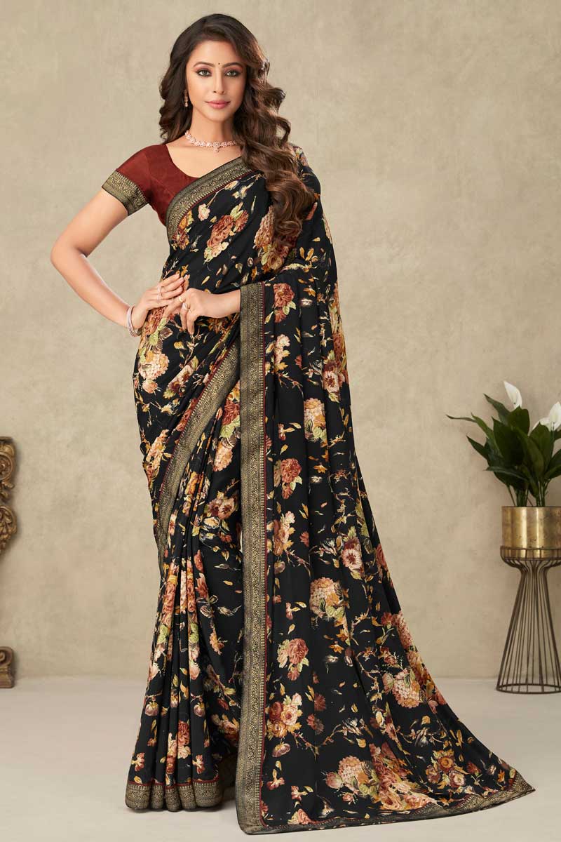 Black Color Crepe Fabric Wonderful Floral Printed Saree