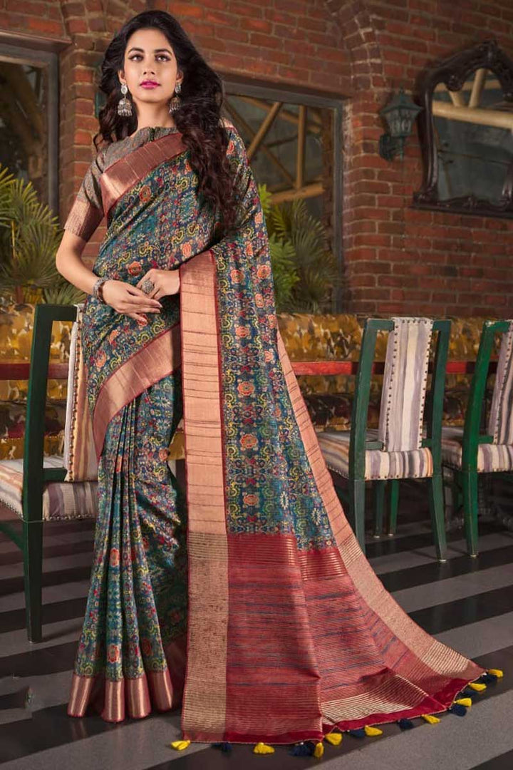 Teal Color Fancy Fabric Festive Wear Adroit Saree
