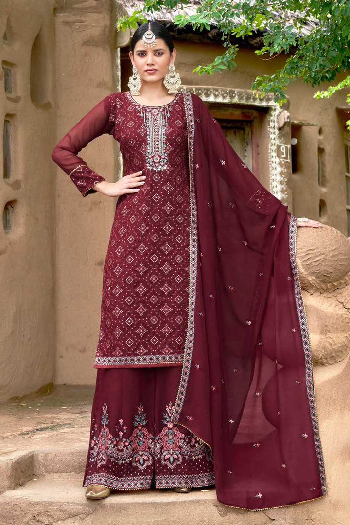 Maroon Color Georgette Fabric Function Wear Classic Palazzo Suit