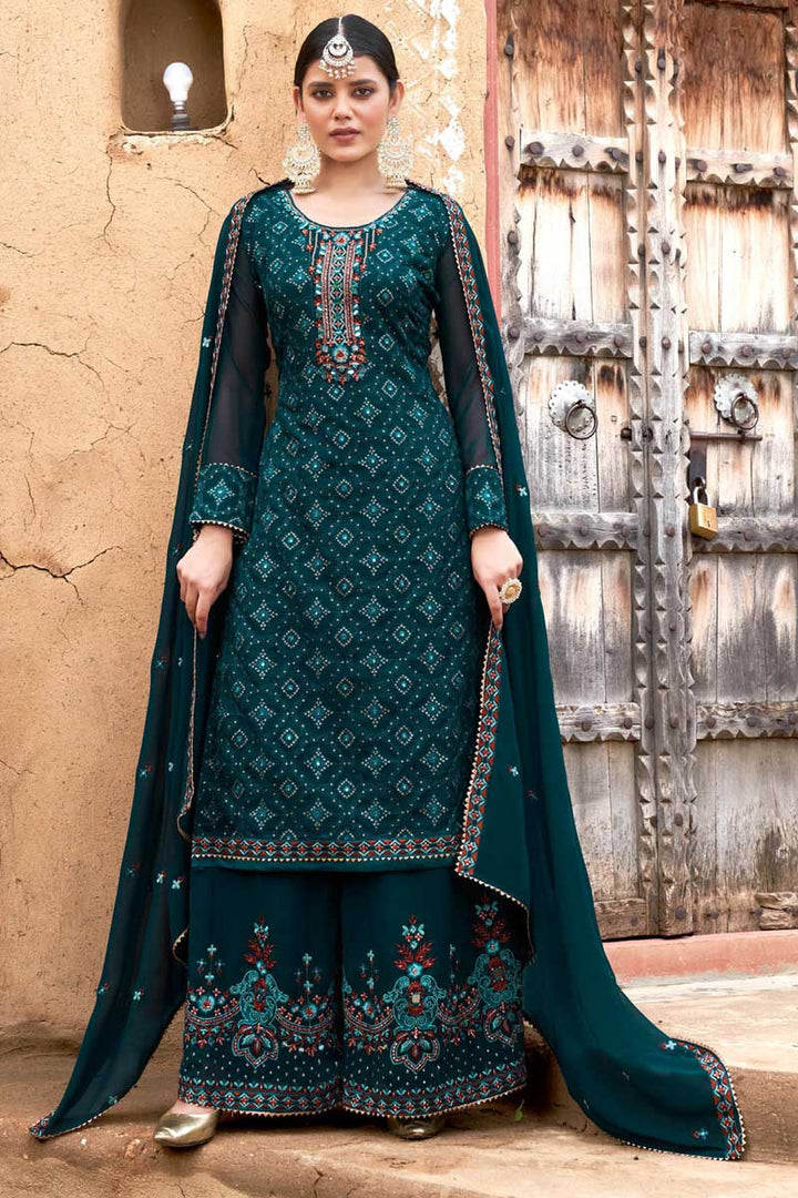Georgette Fabric Function Wear Lovely Palazzo Suit In Teal Color