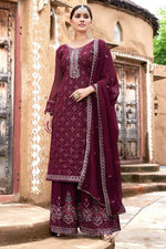 Load image into Gallery viewer, Burgundy Color Georgette Fabric Alluring Function Wear Palazzo Suit

