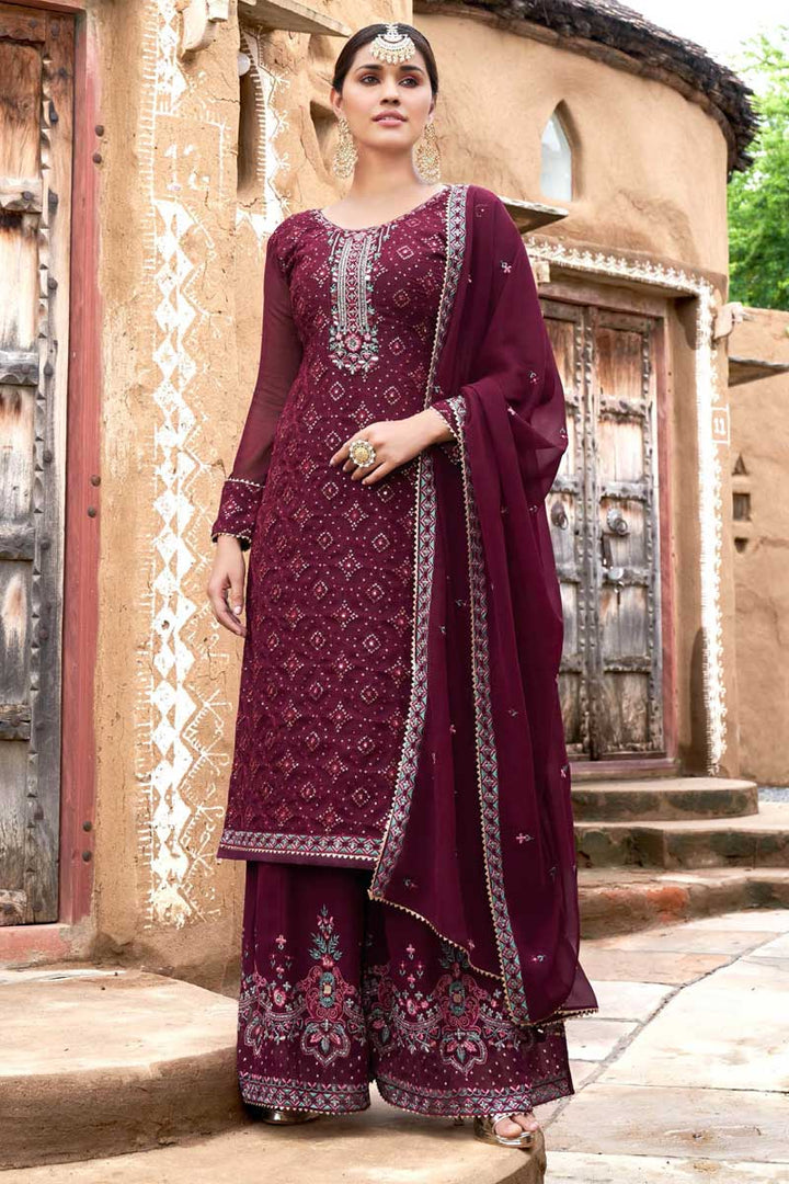 Burgundy Color Georgette Fabric Alluring Function Wear Palazzo Suit