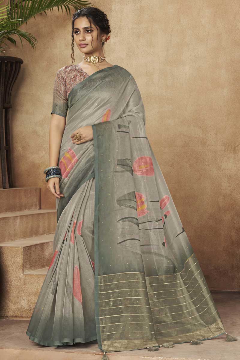 Organza Fabric Grey Color Digital Printed Engrossing Saree