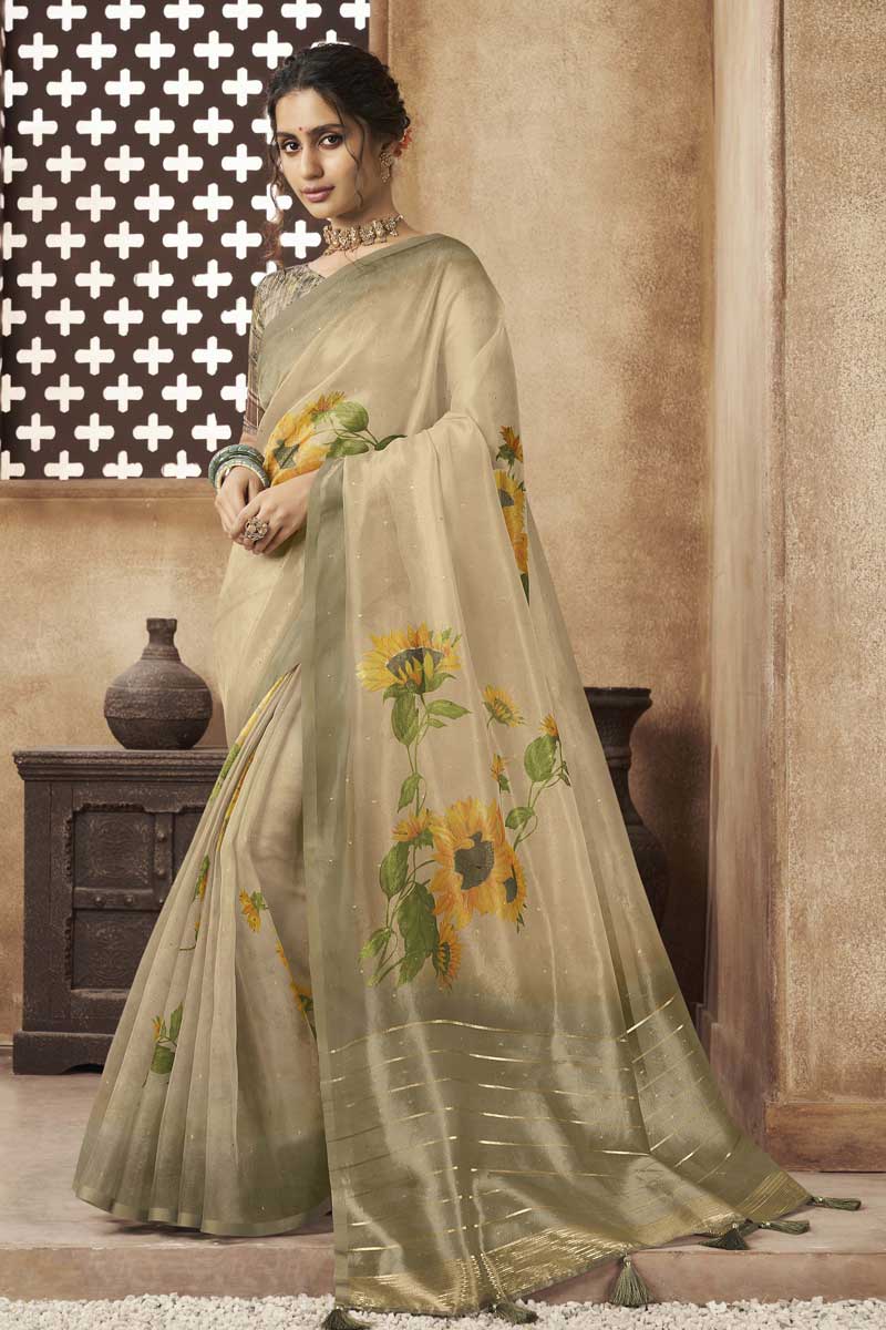 Digital Printed Beige Color Organza Fabric Remarkable Saree