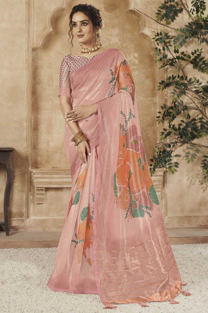 Digital Printed Organza Fabric Superior Saree In Pink Color