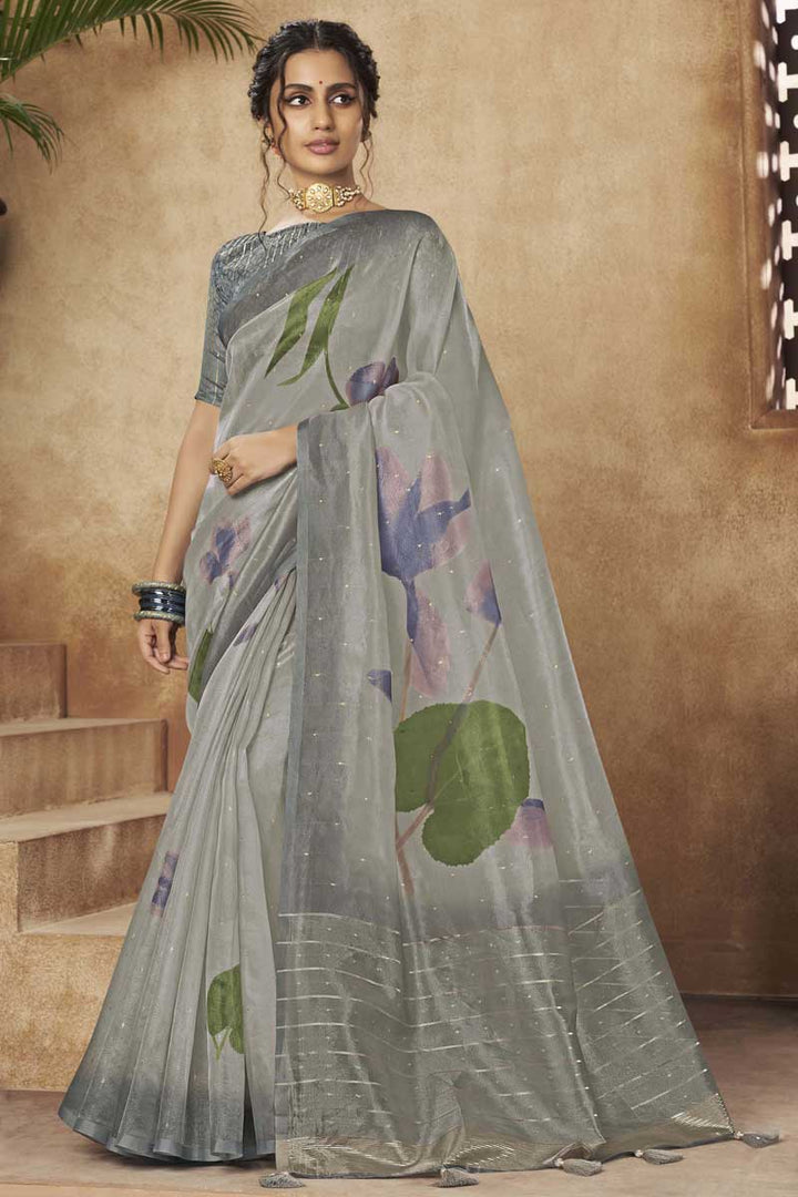 Beauteous Grey Color Digital Printed Saree In Organza Fabric