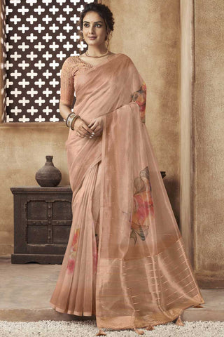 Digital Printed Peach Color Organza Fabric Mesmeric Saree