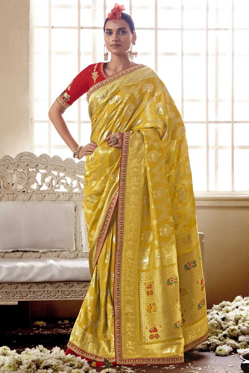 Brilliant Function Wear Jacquard Work Art Silk Saree In Yellow Color