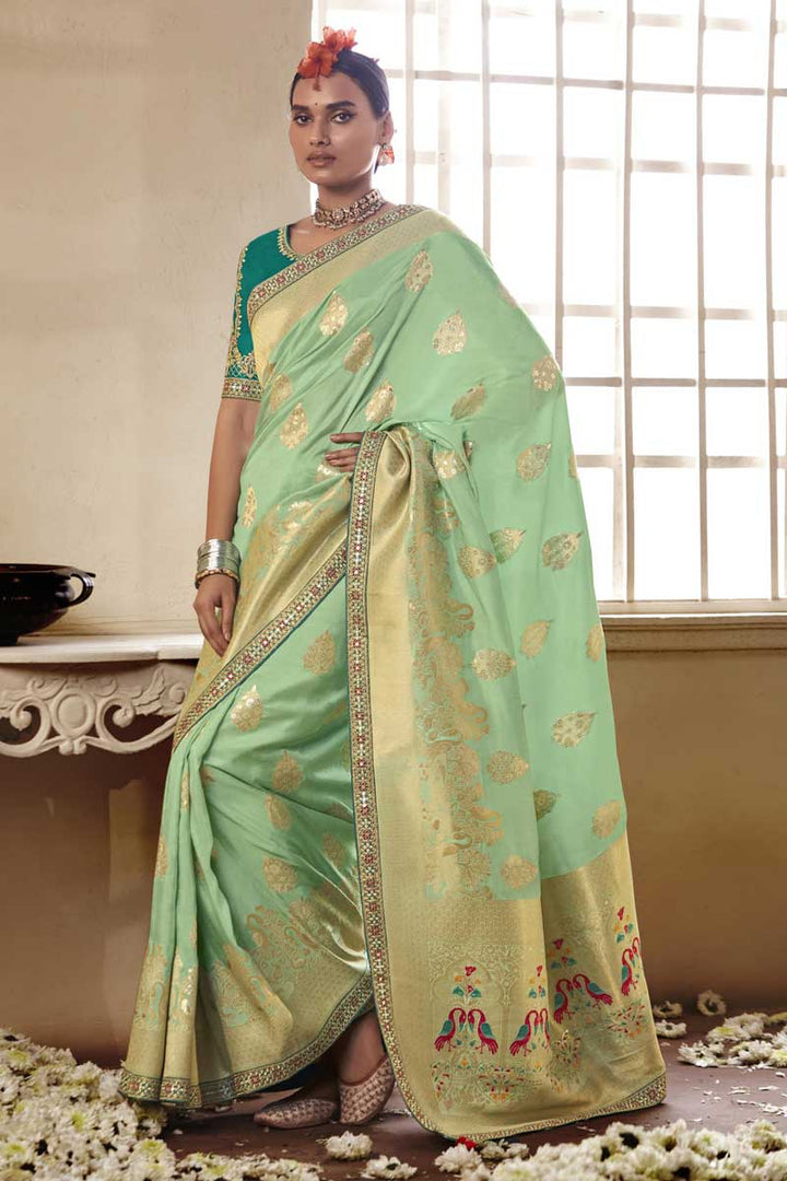 Sea Green Color Soothing Function Wear Jacquard Work Art Silk Saree