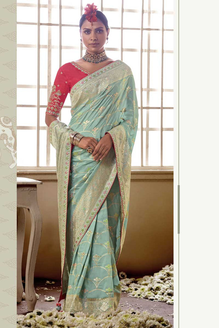 Light Cyan Color Awesome Jacquard Work Art Silk Saree In Function Wear
