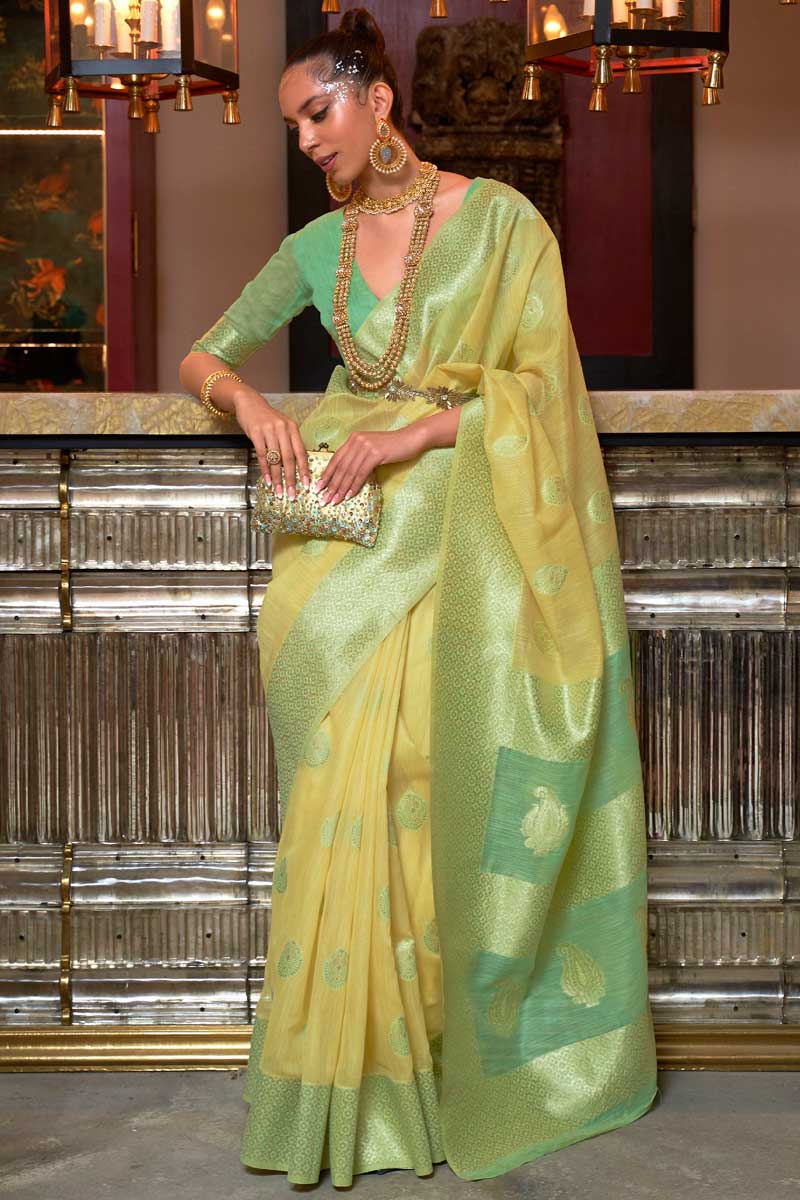 Yellow Color Linen Fabric Riveting Saree With Contrast Pallu