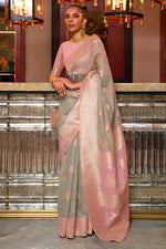 Load image into Gallery viewer, Linen Fabric Grey Color Pleasance Saree With Contrast Pallu
