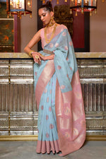 Load image into Gallery viewer, Marvelous Linen Fabric Saree With Contrast Pallu In Light Cyan Color
