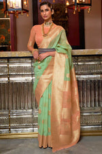 Load image into Gallery viewer, Attractive Linen Fabric Sea Green Color Saree With Contrast Pallu
