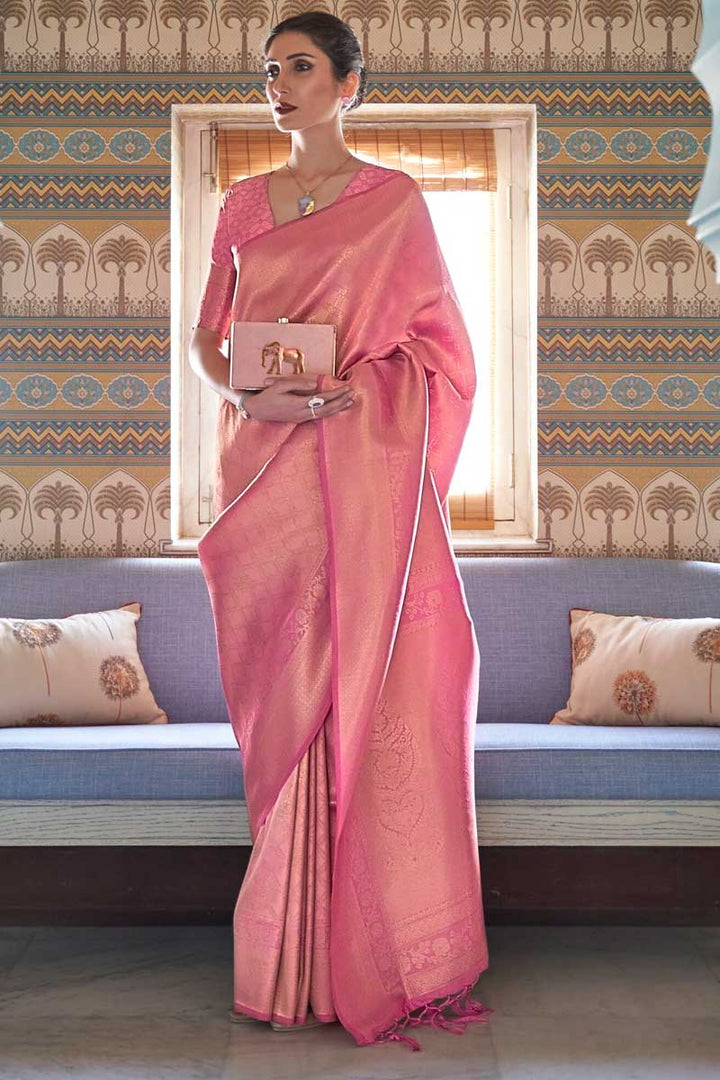 Art Silk Fabric Pink Color Engaging Function Wear Saree