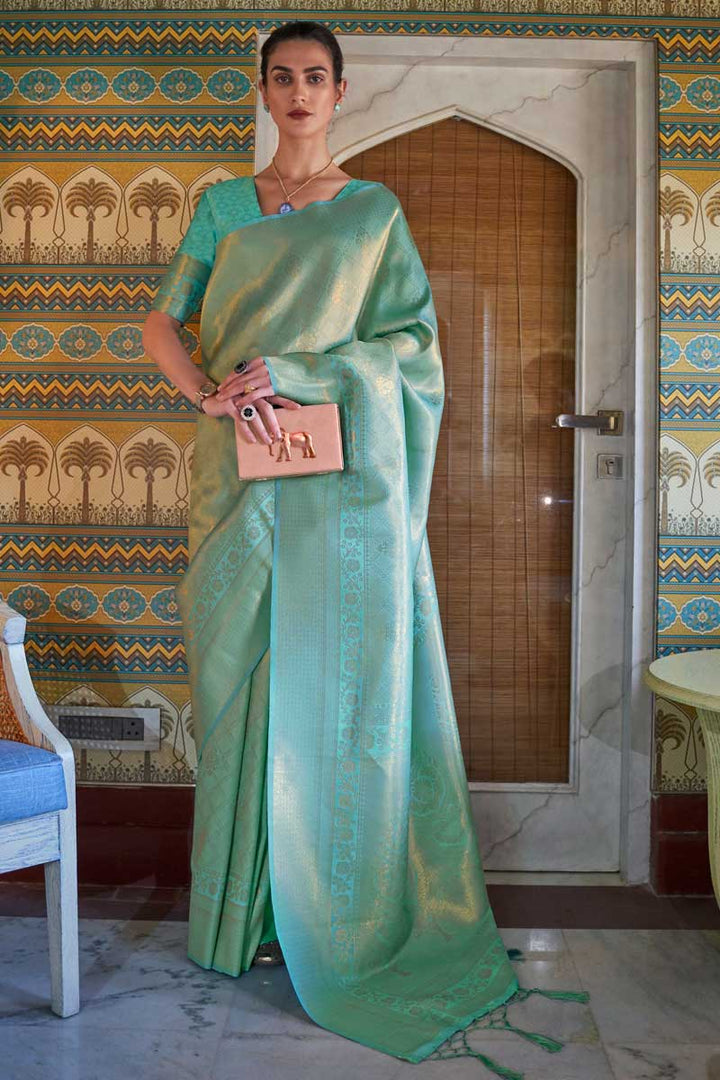 Art Silk Fabric Function Wear Sea Green Color Wonderful Saree
