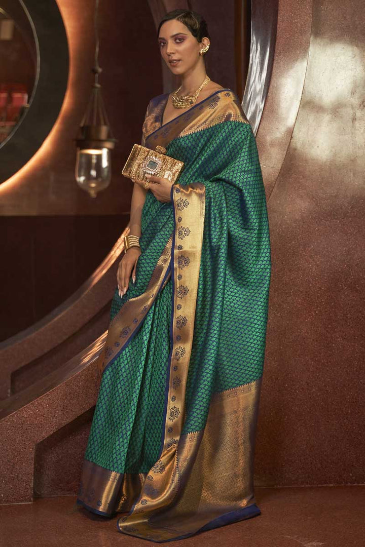 Mesmeric Green Color Weaving Work On Saree In Art Silk Fabric