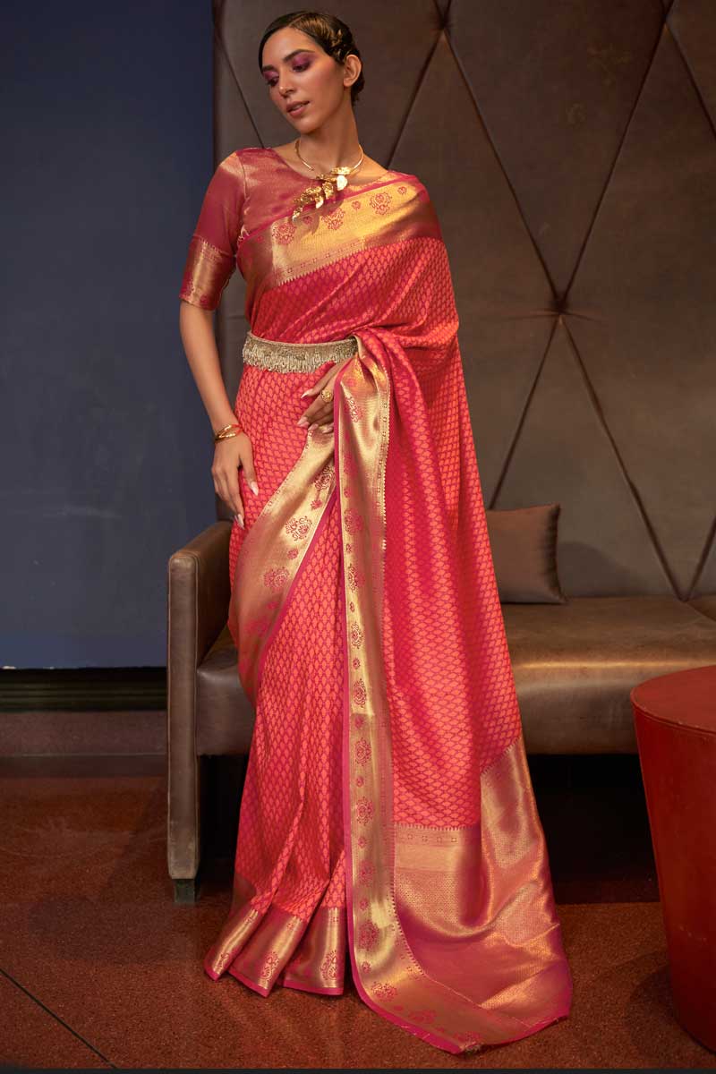 Radiant Weaving Work On Peach Color Art Silk Fabric Saree