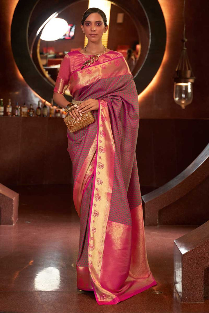 Entrancing Art Silk Fabric Saree In Rani Color With Weaving Work