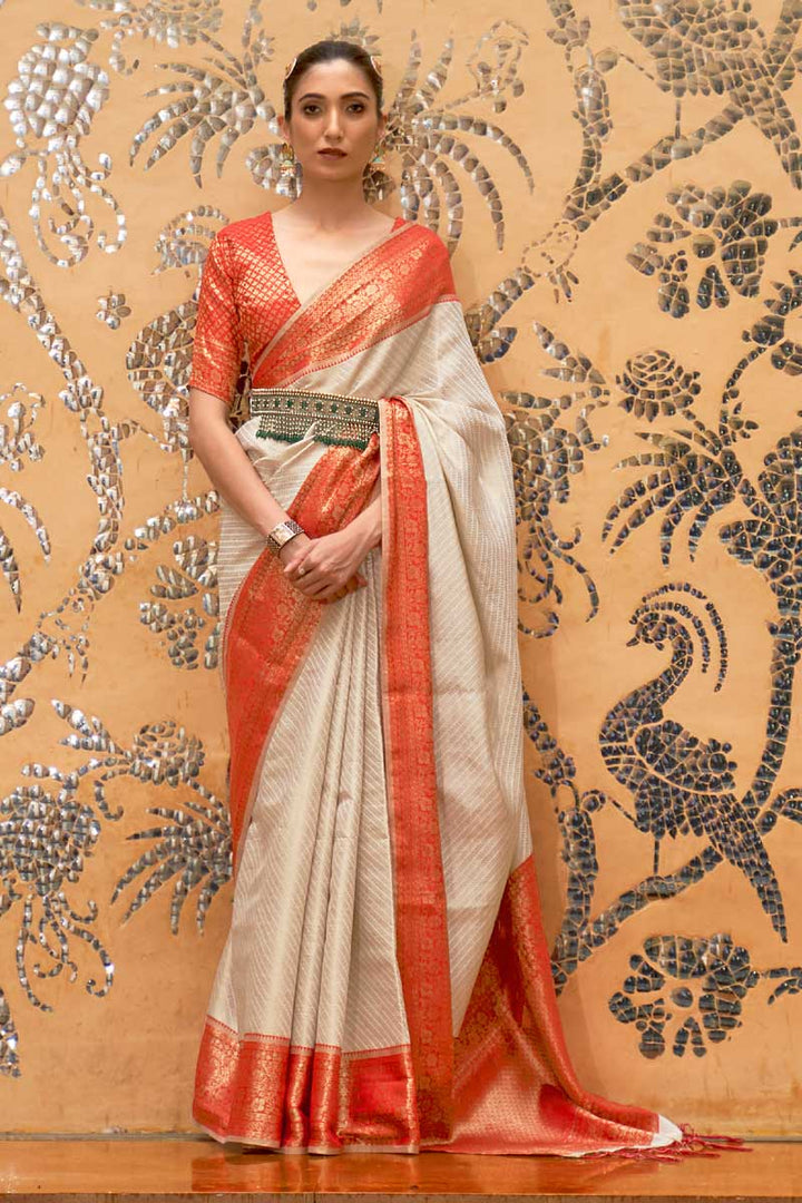 Incredible Weaving Work On Art Silk Fabric Off White Color Saree