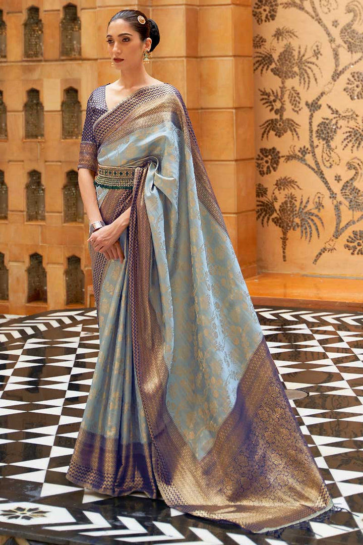 Engaging Sky Blue Color Art Silk Fabric Saree With Weaving Work