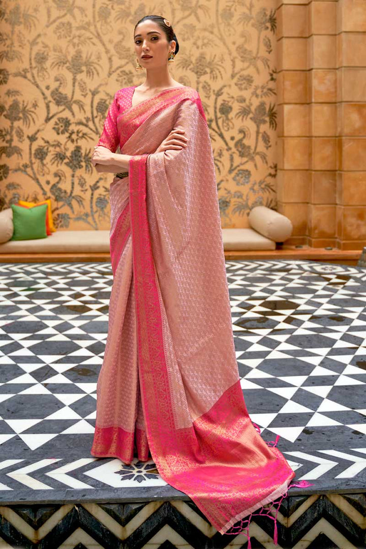 Beguiling Weaving Work On Pink Color Art Silk Fabric Saree