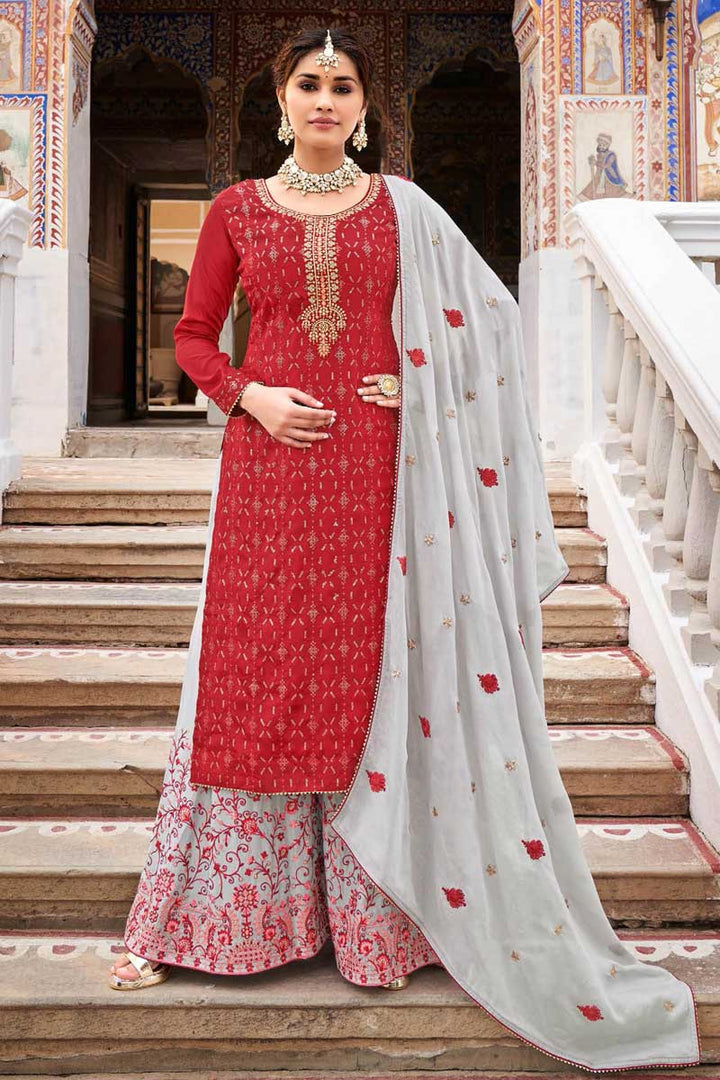 Radiant Red Color Chinon Fabric Embroidered Palazzo Suit