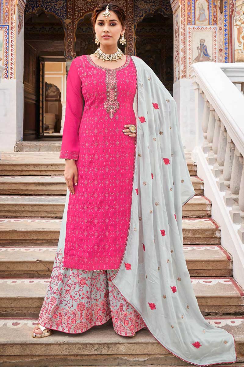 Pink Color Chinon Fabric Attractive Embroidered Palazzo Suit