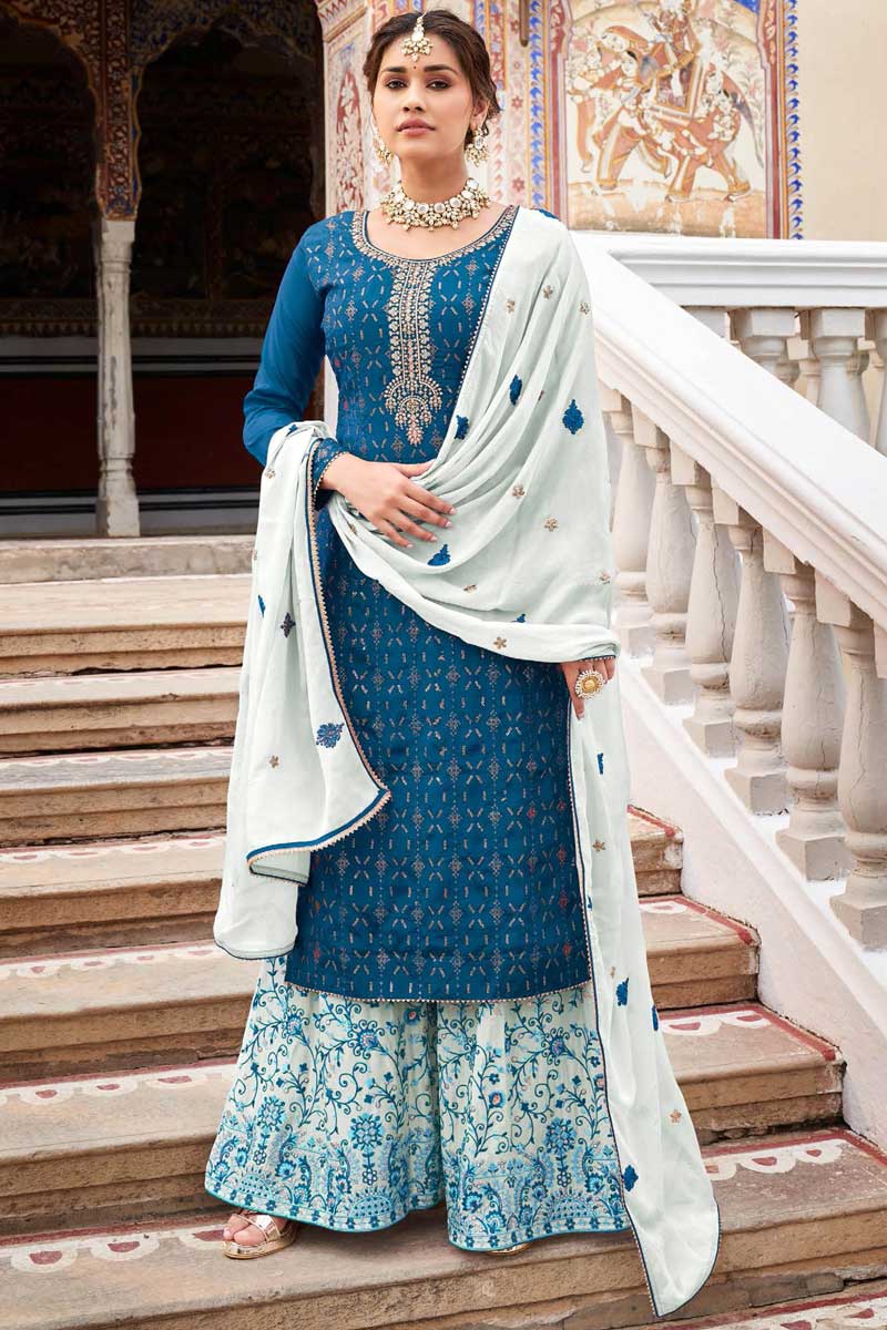 Teal Color Chinon Fabric Elegant Embroidered Palazzo Suit