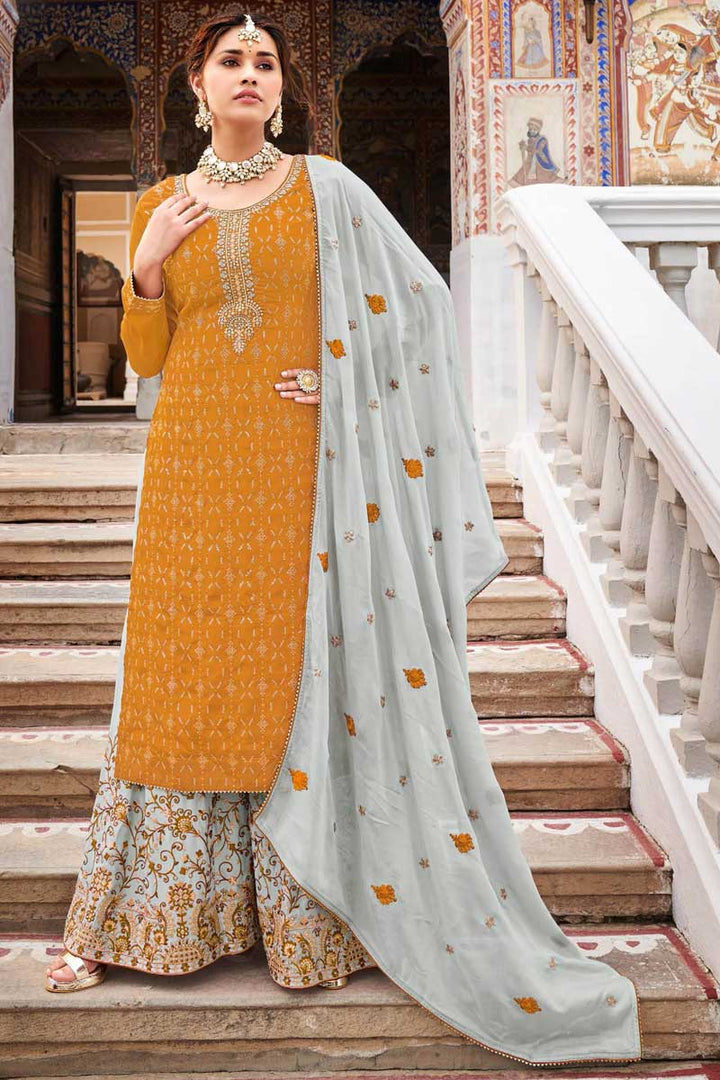 Mustard Color Embroidered Trendy Palazzo Suit In Chinon Fabric