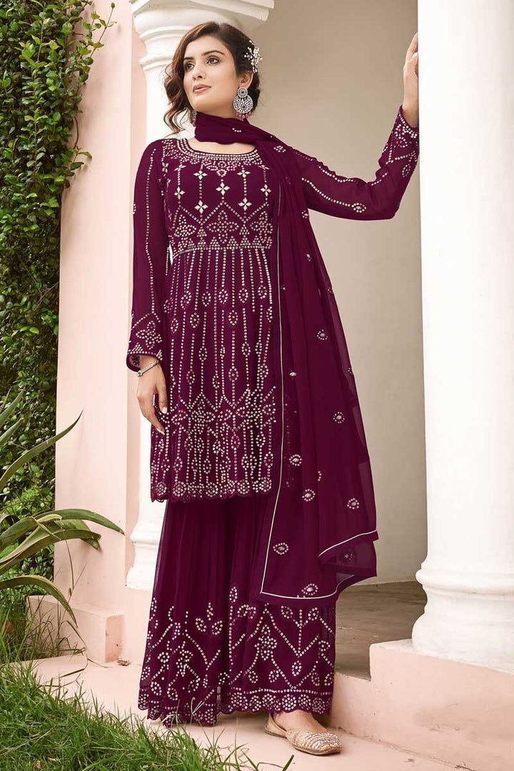 Georgette Fabric Sangeet Wear Wine Color Phenomenal Sharara Suit