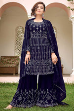 Load image into Gallery viewer, Georgette Fabric Sangeet Wear Wondrous Sharara Suit In Navy Blue Color
