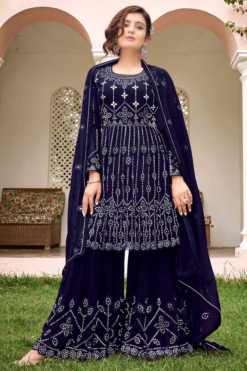 Georgette Fabric Sangeet Wear Wondrous Sharara Suit In Navy Blue Color